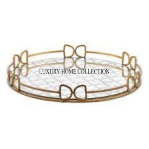 Elegante bandeja de espejo de vidrio de metal hecha a mano con detalles antiguos para una lujosa decoración del hogar y propósitos de servicio elegantes. - Product Image 4