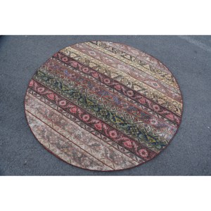 Classic Beige Striped Vintage Turkish Wool <b>Rug</b> 5.3 X 5.3 ft Handmade Rectangular Hallway Patchwork Design for Living <b>Bedroom</b> - Product Image 2