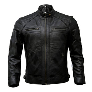 Chaqueta de motorista de piel de vaca de invierno para hombre personalizada al por mayor chaqueta de cuero negro con cuello levantado de nuevo diseño - Product Image 1