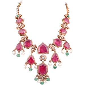 Red Gemstone Hexagon Gajaah 925 Sterling Silver <b>Ruby</b> <b>Necklace</b> & Earrings Set Premium Pure Silver Bridal & Festive Jewellery - Product Image 2