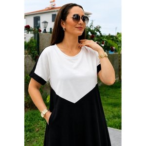 Robe en viscose bicolore à manches courtes et col rond pour femme avec détail géométrique sur le devant, 36114 - Noir - Product Image 4