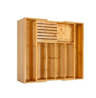 Tiroir à couverts extensible en bambou avec bloc à couteaux Plateau de rangement réglable pour ustensiles de cuisine pour fourchettes, cuillères et couteaux
