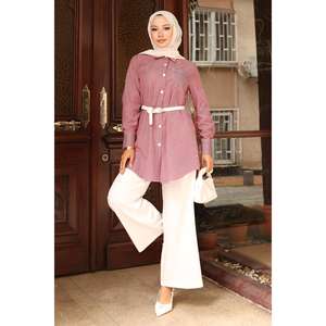 Traje Casual con Detalle de Bolsillo a Rayas Color Borgoña MSW19242-2 con Blusa Larga y Pantalón Midi - Product Image 3