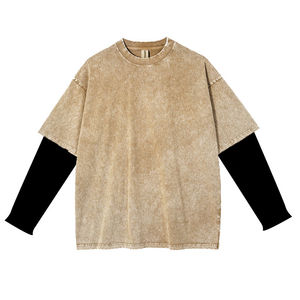 Custom Wholesale Unisex Coton Streetwear Acid Washed Vintage Blank Cotton Oversized Double Layer Long <b>Sleeve</b> t <b>Shirt</b> - Product Image 4