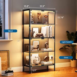Vetrina Espositiva Moderna in Metallo Nero e Vetro con Luci LED, Espositore <span class=keywords><strong>a</strong></span> 4 Ripiani per Oggetti da Collezione, Action Figure e Giocattoli - Product Image 2