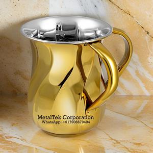 Comprar doble ASA decorativa de acero inoxidable Netilat Yadayim taza de lavado chapado en oro nuevo diseño ondulado Judaica taza de lavado de dos manijas - Product Image 2