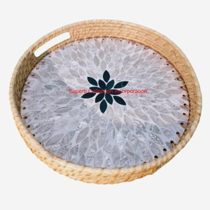 Plateau de service ovale élégant en rotin avec incrustation de nacre Plateau décoratif naturel écologique pour table basse et décoration intérieure - Product Image 2