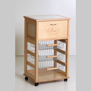 Chariot de cuisine moderne de haute qualité en bois de hêtre massif léger, avec rangement pour pain, plateau en céramique, roues en plastique, poignées en fer, MASLEGNO - Product Image 1