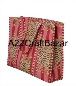 กระเป๋าโท้ทผ้าฝ้ายทำมือลายเสือ หูหิ้วยาว สะพายไหล่ สำหรับผู้หญิง เป็นมิตรกับสิ่งแวดล้อม กระเป๋าช้อปปิ้งลายทางสไตล์อินเดีย - Product Image 3