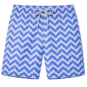 Shorts de Baño Reciclados para Hombre, Diseño de Palacio de Elefantes Azules, Secado Rápido, con Cintura Elástica, Cordón y Bolsillos - Product Image 1
