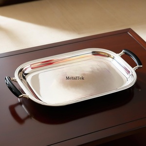 Plateau rectangulaire en métal en acier inoxydable Utilisation polyvalente Organisateurs de stockage d'ustensiles de cuisine Plateaux en métal avec poignées - Product Image 4