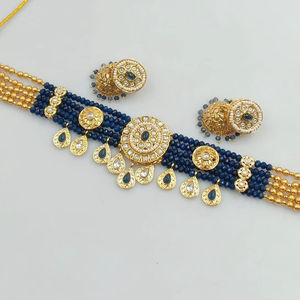 Cristal elegante nuevo diseño chapado en oro piedra tradicional tachonado Jumkha pendiente Mangtika collar de cobre conjunto y conjunto de joyería mujeres - Product Image 1