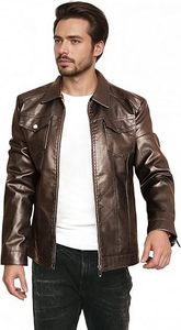 Veste en cuir pour homme en couleur marron Vestes de moto Vintage Faux cuir Outwear Casual Lightweight - Product Image 3