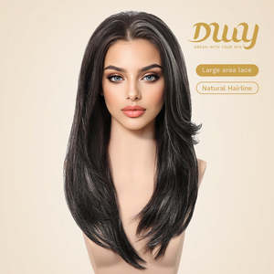 วิกผมสังเคราะห์แบบไม่ต้องใช้กาว Zuri -DWY 136 แบบผูกเชือกด้านหน้า แสกกลาง ความยาวปานกลาง ลอนสีดำ ไฮไลท์สีดำ ลดราคาพิเศษสำหรับผู้หญิง - Product Image 2