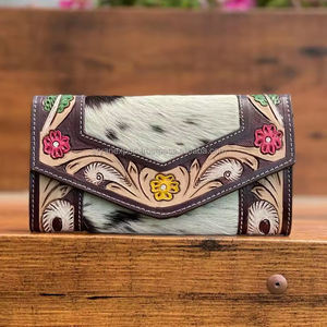 การออกแบบใหม่มือเครื่องมือแกะสลักกระเป๋าสตางค์มีสไตล์ผมบนหนัง Cowhide หลายใช้กระเป๋าสตางค์หนังแท้ตะวันตกสําหรับผู้หญิง - Product Image 3
