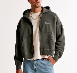 Sudadera con capucha de hombros caídos para hombre, de algodón 100% de alto gramaje, extragrande, gruesa para invierno, con forro polar y cremallera, estilo urbano, lisa, 2 piezas - Product Image 5