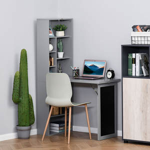 Bureau PC pliable HOMCOM avec bibliothèque à 9 niveaux en bois et métal, 98x51x153 cm, gris - Product Image 2