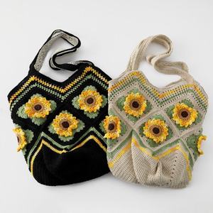 Crochet <b>Sweet</b> Hand-woven Two-strap Teddy Sunflower Portable Magnetic Closure Vegetable Basket Handmade Cotton Lining <b>Bag</b> - Product Image 5