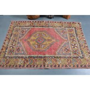 Tapis turc vintage rouge jaune Patchwork Design grande surface 3.9x5,9 pieds en laine avec support en latex pour couloir chambre à coucher - Product Image 3