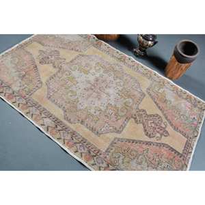 Tapis turc Vintage 4.4 X 7.1ft Beige Rose Laine Grande Surface Motif Abstrait Rectangle Couloir Design Nouveau Latex pour Décoration de Chambre - Product Image 4