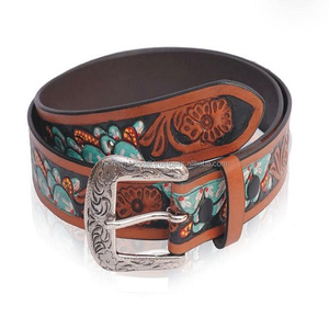 Owhide-Cinturón de cuero tallado a mano para hombre, cinturón de herramientas con hebilla floral plateada, diseño floral colorido - Product Image 4