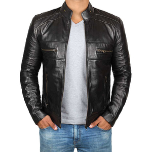 <b>Men's</b> Premium Leather <b>Jacket</b> Winter Casual Fashion Modern Classic Design Windproof Waterproof Stand Collar Front Logo - Product Image 1