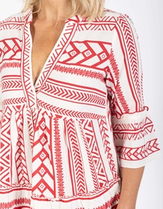 Robe d'été bohème en coton à col en V, coupe trapèze, imprimé géométrique, à volants, ample et décontractée, mi-mollet, pour adultes, manches mi-longues avec poignets à volants - Product Image 3