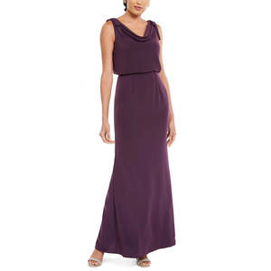 Abito da donna Adrianna Papell in raso viola scuro, modello blouson con scollo a cappuccio, vestito a tubino comodo con paillettes all'uncinetto, lunghezza al pavimento - Product Image 1