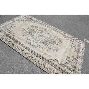 Vintage <b>Turkish</b> <b>Rug</b> Classic Beige 5.2 X 8.7ft Handmade Plush Pile Height Wool Fur Latex Patchwork Rectangle for Teen Bedrooms - Product Image 2