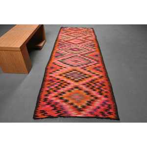 Vintage 3.5ft X 9.9ft Turkish Rug Orange <b>Pink</b> Patchwork Design Classic Latex for Bedroom 9x12 Rectangle Hallway <b>Wool</b> Viscose - Product Image 1