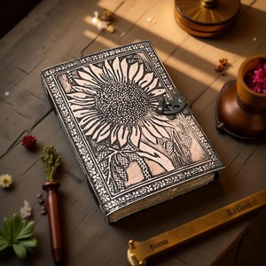 Journal en cuir de tournesol cousu à la main taille A5 avec 240 feuilles de papier et fermoir en C en laiton - Product Image 2