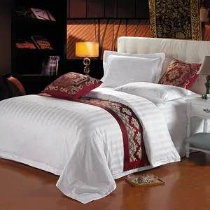 गर्म बिक्री सफेद 300 टी सैटिन स्ट्रिप रानी किंग स्टार होटल बिस्तर लिनन शीट कपड़े