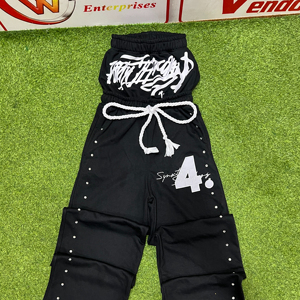 Pantalon de survêtement d'hiver grande taille 100% coton Rhinestone Baggy Jogger High Gsm Double Waist Flared Thick Rope String Lightweight - Product Image 2