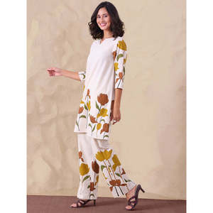 DEEBACO Women's Cotton White Floral Co-ord Set <b>Split</b> Neck Long Tunic With Ankle <b>Trouser</b> Summer Spring Casual Western Wear Outfit - Product Image 4