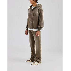 Kaki Double fermeture éclair bord brut à capuche homme survêtements ensemble surdimensionné Boxy lavé Applique Zip haute qualité respirant imprimé Design - Product Image 4