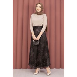 Jupe courte droite en tulle marron à motif batik, taille empire, en organza doux et respirant avec broderie, taille XS - Product Image 3