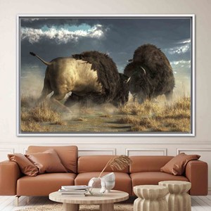 Majestic American Bison Battle Art Canvas - Wild Nature Print,1P:White <b>Framed</b> - Product Image 1