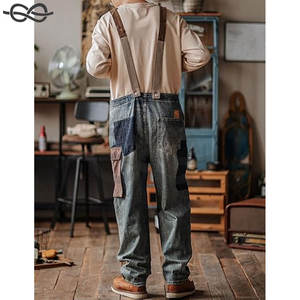 <b>Mens</b> Baggy <b>Denim</b> Bib <b>Overalls</b> Vintage Contrast Distressed Work Dungarees Sloppy Coveralls Big Pockets Casual Wear Construction - Product Image 4