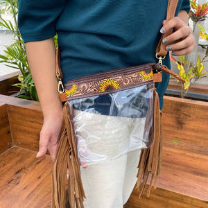 Nouveaux sacs à bandoulière de stade en cuir taillé à la main pour femmes sac transparent complexe de tournesol en cuir véritable avec sac à main à franges - Product Image 2