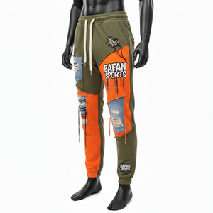 Pantalon de jogging pour homme en molleton de coton premium 300 GSM avec empiècements en denim olive orange et logo brodé personnalisé, pantalon pour homme lavé - Product Image 2