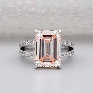 IGI Certified Emerald Cut Morganite Engagement <b>Ring</b> with Round Diamond VS Clarity <b>Split</b> Shank Statement Style Rhodium Plated - Product Image 1