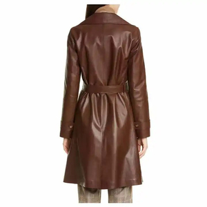 Abrigo de Cuero Tipo Gabardina para Mujer, Piel de Oveja Genuina, Color Marrón, Abrigo Largo de Invierno - Product Image 3