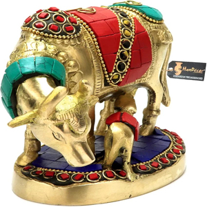 Kamdhenu vaca latón Showpiece 5,5 pulgadas Multicolor tradicional Animal diseño piedra preciosa trabajo dos bigotes Paquete 1 para bodas - Product Image 3
