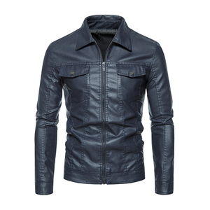 Veste de moto pour homme en cuir véritable bleu foncé, imperméable, respirante, col rabattu, fermeture éclair, couleur unie, coupe ajustée, taille standard - Product Image 1