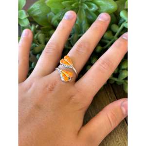 Orange <b>Opal</b> Sterling Silver Adjustable Heart <b>Ring</b> <b>Vintage</b> Inlay Gift - Product Image 2