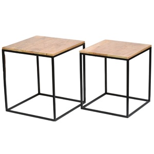 Juego de mesa cuadrada de hierro moderna de 2 uds con embalaje anidado superior de madera y acabado de recubrimiento de polvo negro inferior - Product Image 1