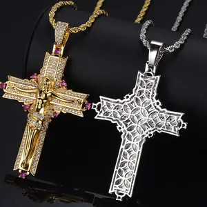 Stylish hip hop iced out jesus <b>cross</b> pendant charm <b>necklace</b> brass religious fashion jewelry <b>men</b> women - Product Image 3