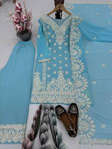 Alta calidad Skyblue Faux Georgette Top Palazzo para mujeres Indian Pakistani Wedding & Festival Suit Party Wear - Product Image 5