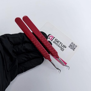 New Red Powder Coating Double Curved Style Eyelash Extension Tweezers <b>Silver</b> Tip Diamond Grip With Custom Logo Beauty Instrument - Product Image 6
