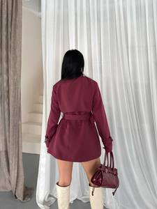 Elegant <b>Burgundy</b> <b>Trench</b> <b>Coat</b> With Belt Full Sleeve Stand Collar Double Breasted Short Length Autumn Wear - Product Image 3
